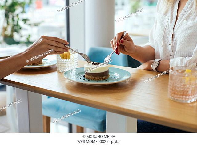 Anonymous young women sharing a cake at coffee shop