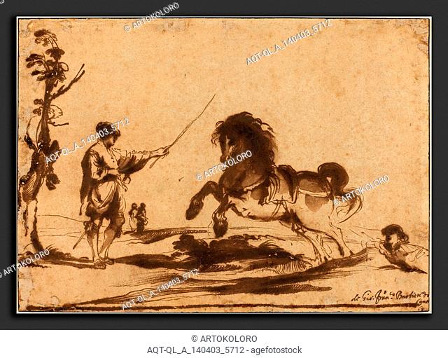 Giovanni Francesco Barbieri, called Guercino (Italian, 1591 - 1666), Landscape with the Taming of a Horse, 1620-1630, pen and brown ink (iron gall) with brown...