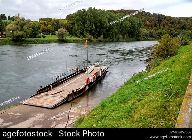 Ferry at Danube river breakthrough near monastery Weltenburg in Bavaria, Germany in autumn