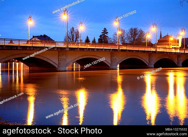 Ludwigsbrücke, blue hour, high water, flooded, Bad Kissingen, Franconia, Bavaria, Germany, Europe