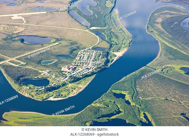 Aerial view of the village of Noorvik and the surrounding wetlands and lakes in the Kobuk River Delta, Arctic Alaska, summer