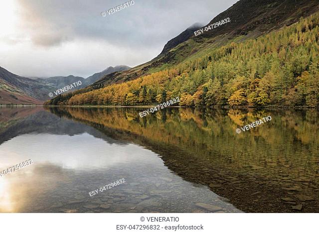Stunning Autumn Fall landscape image of Lake Buttermere in Lake District England