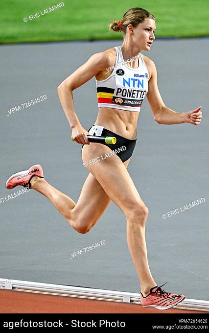 Belgian Helena Ponette pictured in action during the 4x400m Women Relay heats at the World Athletics Championships in Budapest