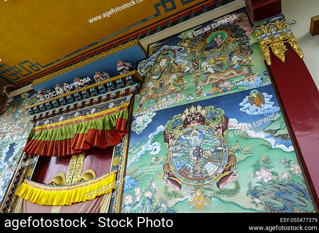 Gangtok, India - October 2020: Facade of the Sera Jey Drophenling Monastery in Gangtok on October 23, 2020 in Gangtok, Sikkim, India