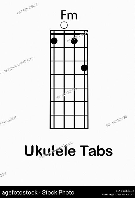 Ukulele tabulator with F minor chord, vector illustration