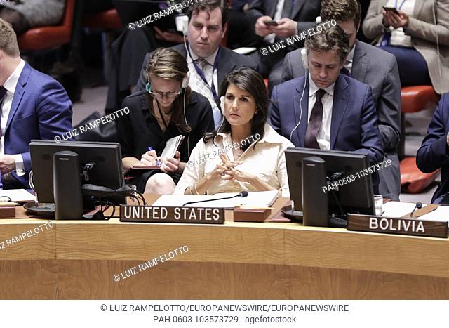 United Nations, New York, USA, May 15, 2018 - Nikki R. Haley, Permanent Representative of the United States to the UN addresses the Security Council meeting on...