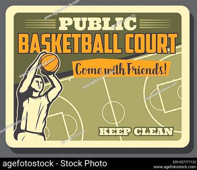 Basketball retro poster of player man with ball ams sport court. Vector basketball sport game signboard, victory cup tournament on arena or stadium public court