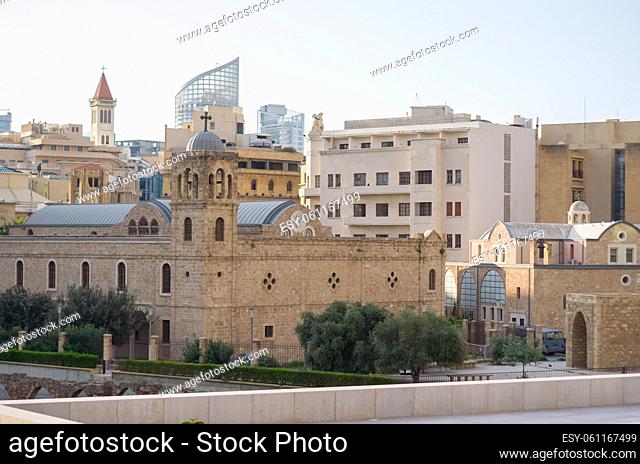 Center of Beirut, capital of Lebanon, tree and classical architecture and characteristic of the country, Lebanese arches