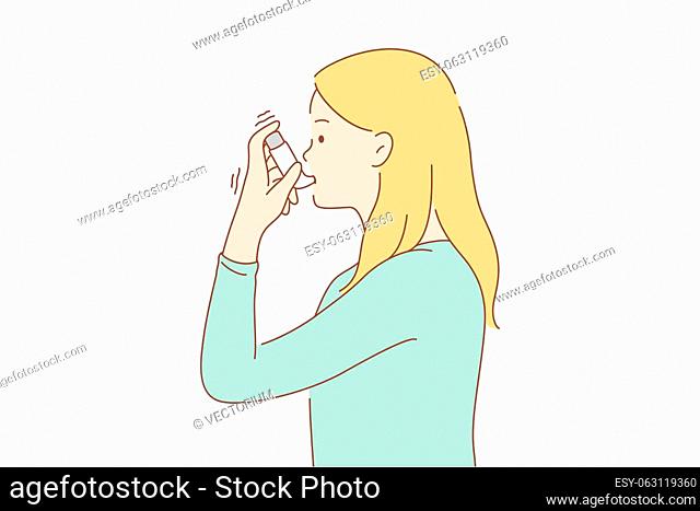 Health, care, desease, problem concept. Young sick ill asthmatic woman girl cartoon character using inhaler during asthma attacks symptoms for lungs better...