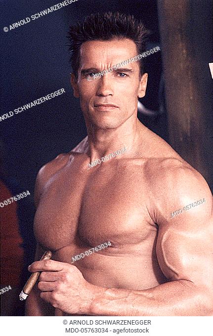 Austrian-born American actor Arnold Schwarzenegger on the set of the film Red Heat. 1988