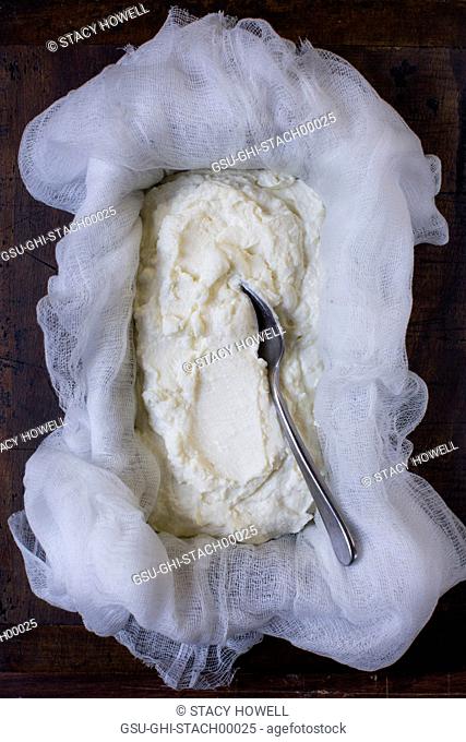 Ricotta Cheese with Spoon, High Angle View