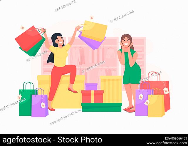 Girls shopping flat concept vector illustration. Sell clothes with discount. Special offer for customers. Shopaholics 2D cartoon characters for web design