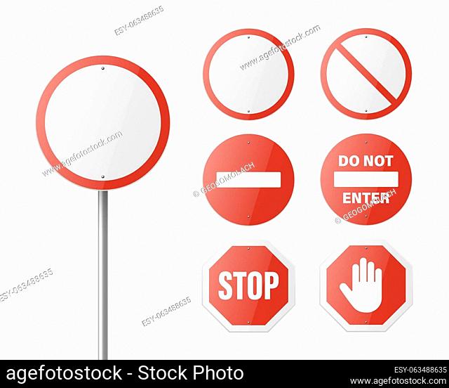 Stop. Vector White and Red Round Glossy Prohibition Stop Sign Icon Set - Warning, Danger Sign Frame Icon Closeup Isolated on White Background