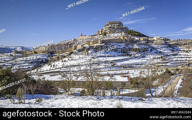 Castle and walled city of Morella on a winter day after a snowfall (Castellón province, Valencian Community, Spain)
