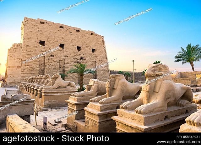 Facade of Karnak Temple at sunny sunrise in Luxor, Egypt