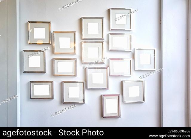 Multiple Many Blank Small Picture Frames Wall White Pure Mockup Decoration