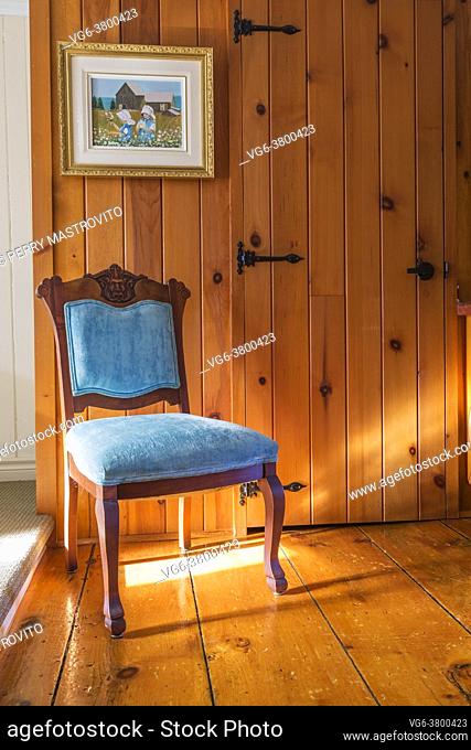 Antique walnut wood chair with upholstered blue velvet seat and backrest carved with gargoyle's head in hallway with wide plank pine wood floorboards on...
