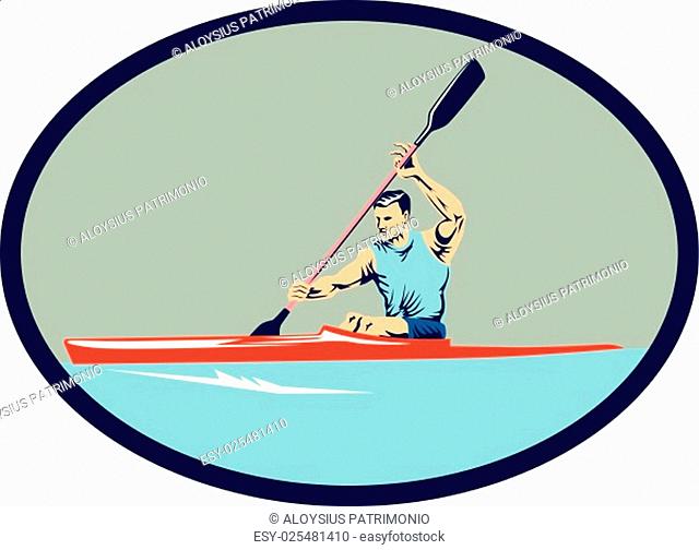 Illustration of man riding kayak racing canoe sprint paddling set inside oval shape done in retro style