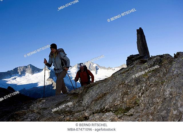 Hikers on the way to the Zsigmondyspitze, Zillertal Alps, Tyrol, Austria