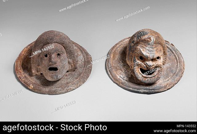 Terracotta roundels in the form of theatrical masks. Period: Hellenistic; Date: 1st century B.C; Culture: Greek; Medium: Terracotta; Dimensions: diameter 5...