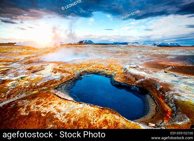 Ominous view geothermal area Hverir (Hverarond). Popular tourist attraction. Dramatic and picturesque scene. Location place Lake Myvatn