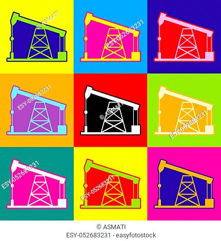Oil drilling rig sign. Pop-art style colorful icons set with 3 colors
