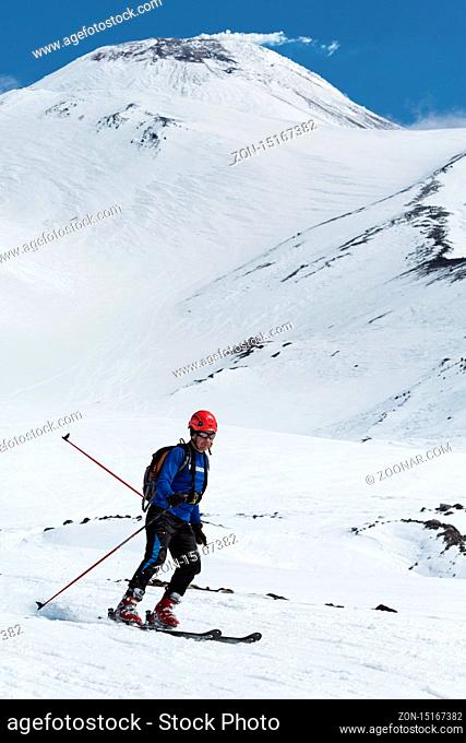 AVACHA VOLCANO, KAMCHATKA, RUSSIA - APRIL 26, 2014: Individual race. Ski mountaineering Asian Championships, Ski mountaineering Russian Championship