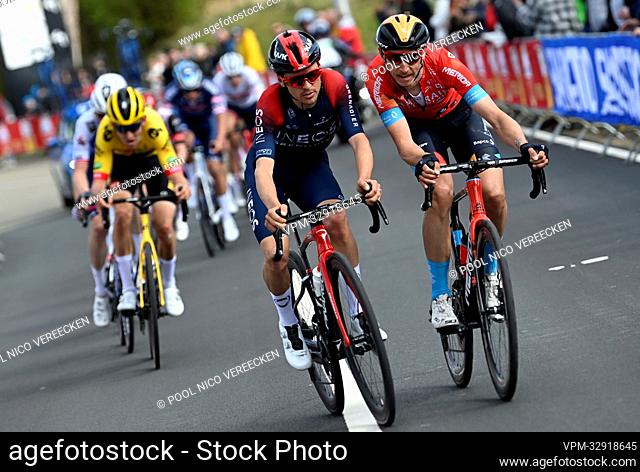 British Tom Pidcock of Ineos Grenadiers and Belgian Dylan Teuns of Bahrain Victorious pictured in action during the men elite 'Amstel Gold Race' one day cycling...