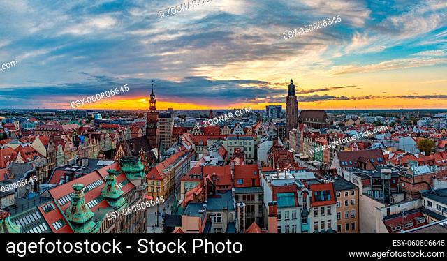 A panoramic view of Wroclaw at sunset