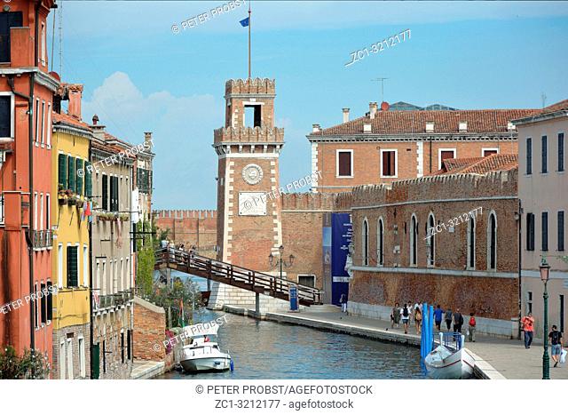View of the tower of the historic Venetian Arsenal and Naval Museum in Castello district of Venice - Italy