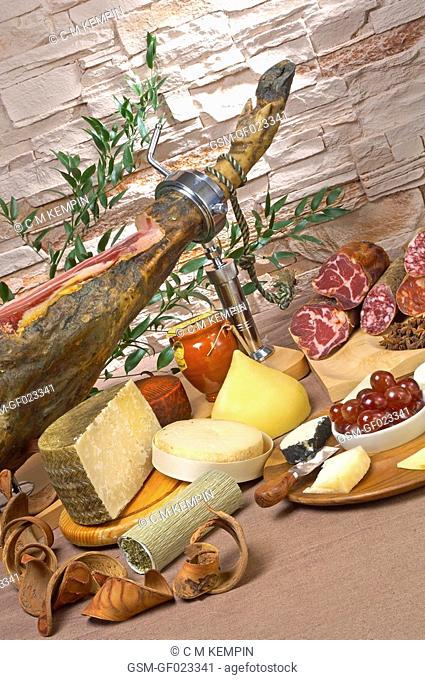 Still-life of Iberian sausages, cold meats and cheese