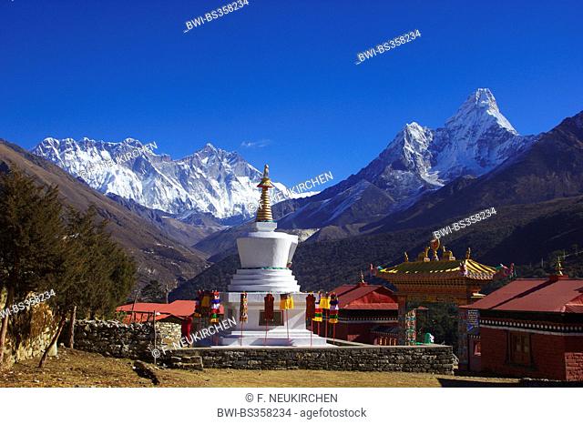 Nuptse, Mount Everest (highest mountain on erath) , Lhotse, Ama Dablam. Monastery Tengboche, Nepal, Himalaya, Khumbu Himal