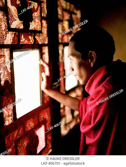 Monk looking out of a painted window, inner shrine at convent Rizong, founded in 1833, situated 3450m above sea level, 76 km west of Leh, Ladakh