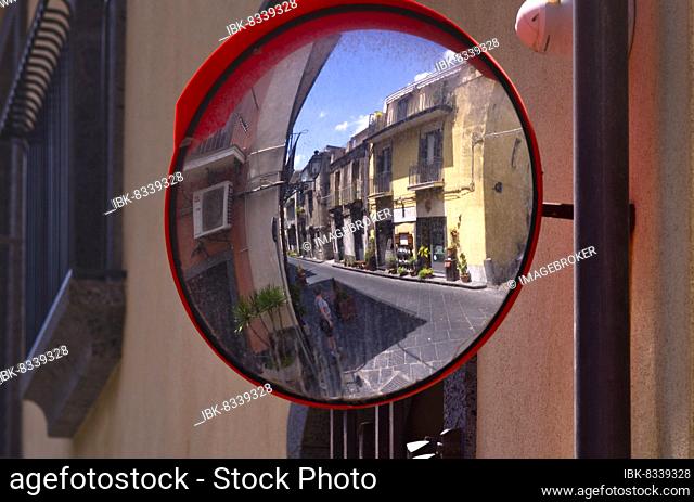 Alley reflected in traffic mirror, convex mirror, Randazzo, Sicily, Italy, Europe