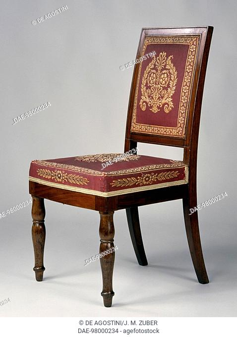 Restoration style mahogany chair upholstered in red wool and gold, from the hall set, stamped Jacob Desmalter, which belonged to Louis Philippe