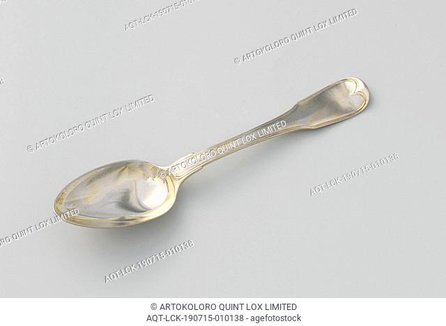 Spoon with the helmet sign Clifford, The egg-shaped bowl of the spoon is connected to the flat, curved handle on both top and bottom by means of a single praise