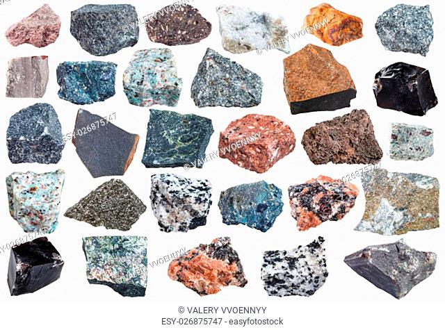 set of Igneous rock specimens - pegmatite, basalt, trachyte, orthoclase, rhyolite, andesite, dacite, granite, carbonatite, diorite, glassbasalt, dunite, gabbro