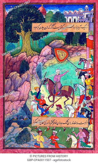 India: Scene from the Baburnama. On their way to Hindustan, Babur and his men stop for the night before crossing the Indus river