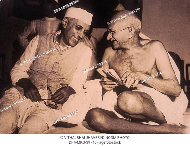 Jawaharlal Nehru and Mahatma Gandhi smiling NO MR