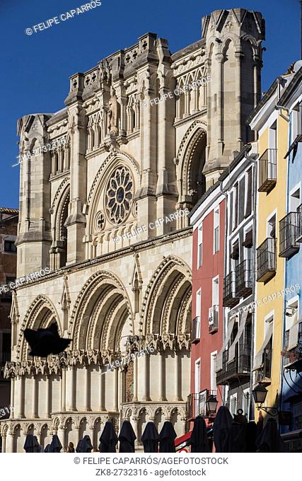 Detail of the colourful buildings and Cathedral on Plaza Mayor, Cuenca, Castilla La Mancha, Spain