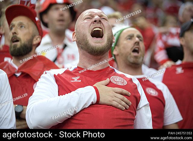 Fans from DEN sings the anthem with hand on their hearts, group stage, preliminary round group B, game M27, Russia (RUS) - Denmark (DEN) 1: 4 on June 21