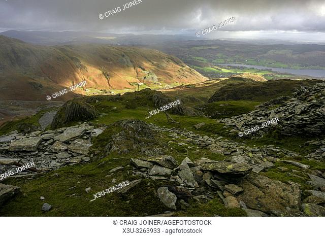 Saddlestone Quarry on the flank of The Old Man of Coniston with the Coppermines Valley beyond in the Lake District National Park, Cumbria, England