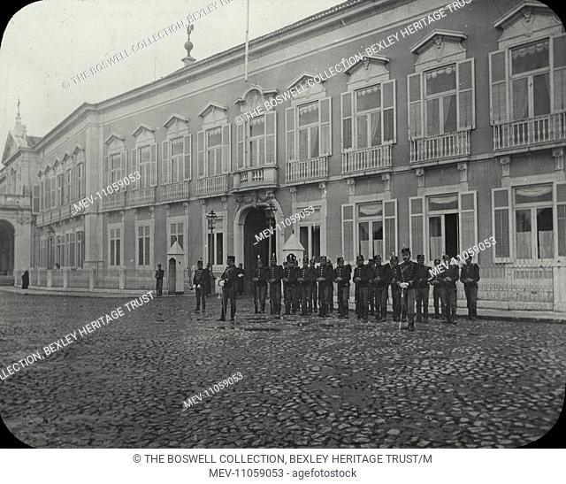 Spain and Portugal - King's Palace , Lisbon - many windowed , 2 Storeyed building , Soldiers in front. Part of Box 149 Boswell collection - Portugal and Spain