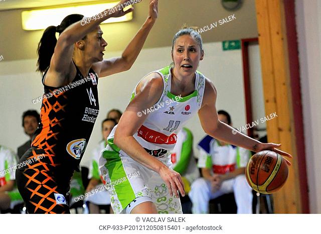 Emmeline Ndongue left, FRA and Nicole Ohldeova CZE during their round 7, European league womens basketball match BK IMOS Brno vs Bourges in Brno, Czech Republic