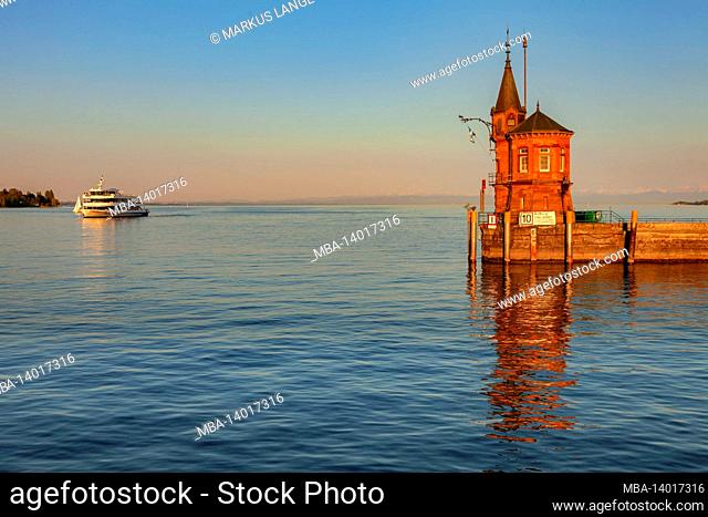 port entrance of konstanz with a view to the swiss alps, lake constance, baden-wuerttemberg, germany