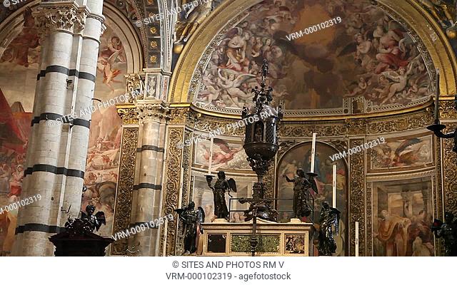 Interior, TILT up, view of the High Altar and Ceiling. Seen is the bronze Ciborium, originally created for the Hospital of Santa Maria della Scala across the...