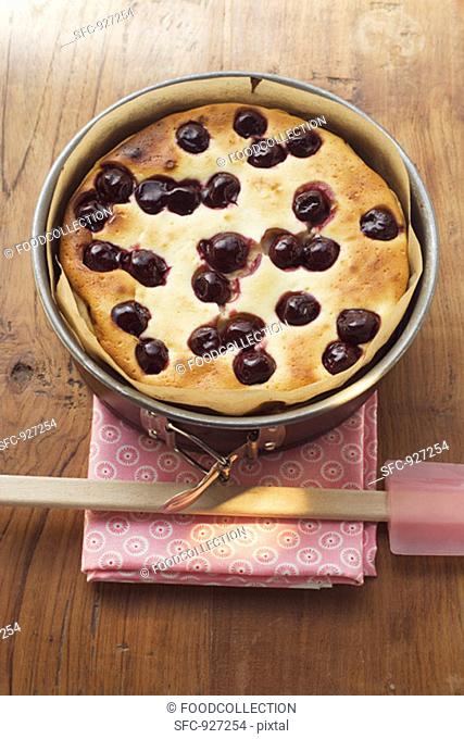 Freshly-baked cherry cake in baking tin