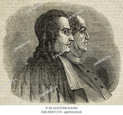 Portraits of Benjamin Franklin and Antoine Jean Baptiste Robert Auget, Baron of Montyon, after a commemorative medal, illustration from Teatro universale