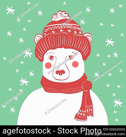 Flat illustration with doodle bear wearing red hat on green background