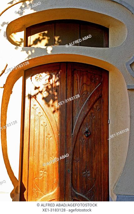 modernist door of the Mas Ros House, Caldes de Malavella, Catalonia, Spain